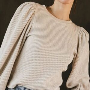 Bohme | Lettie Waffle Knit Puff Sleeve Top in Cream - M